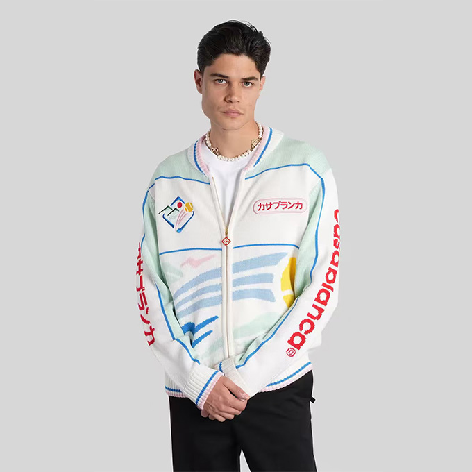 casablanca mountain graphic zip knit bomber jacket